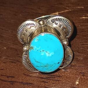 Running Bear Sterling Silver Turquoise Native American Ring Size 7.5